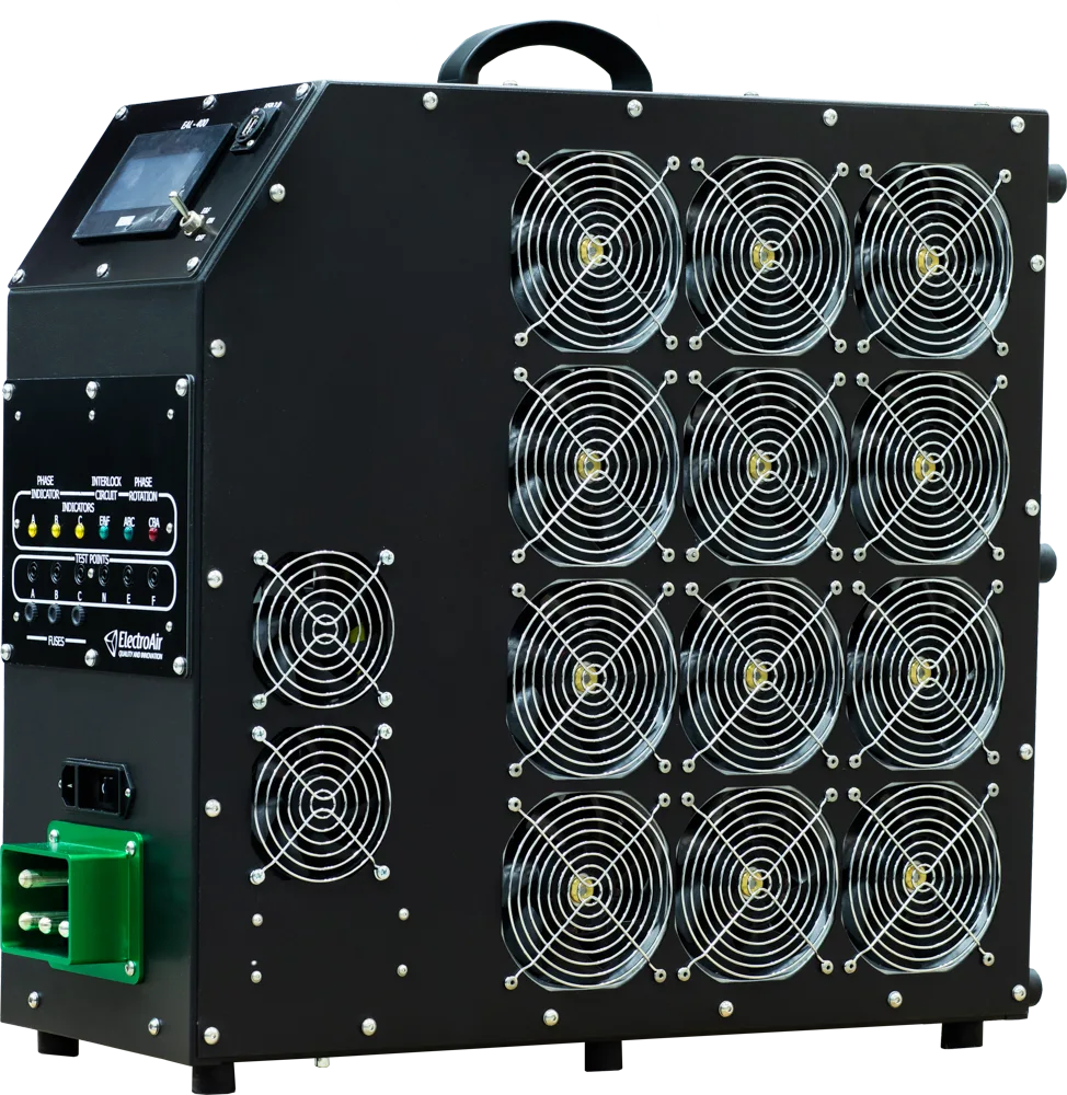 EAL-400 Load Bank with Fans Side panel view of EAL-400 load bank with fan cooling