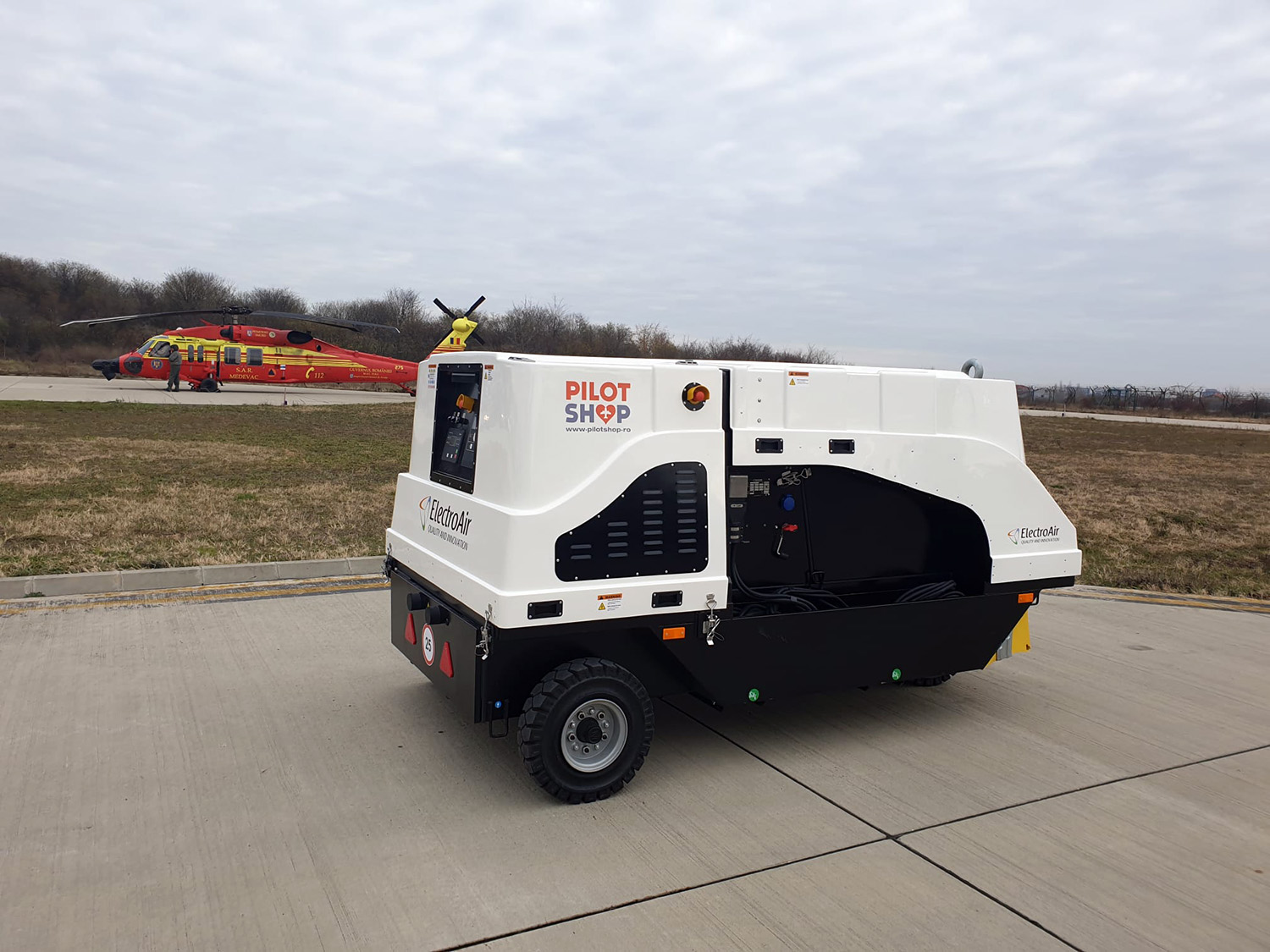 Hybrid Ground Power Unit APA-ECO by ElectroAir connected to a Romanian police helicopter