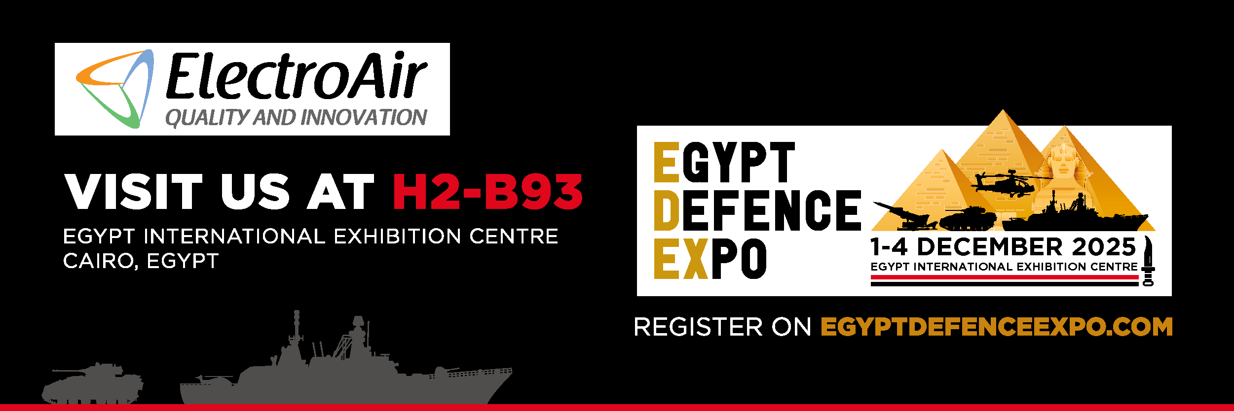 ElectroAir banner for Egypt Defence Expo (EDEX) 2025 showing stand H2-B93 at the Egypt International Exhibition Centre in Cairo.