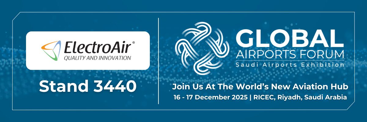 ElectroAir banner for Global Airports Forum 2025 in Riyadh showing stand 3440 and event dates 16-17 December at RICEC.