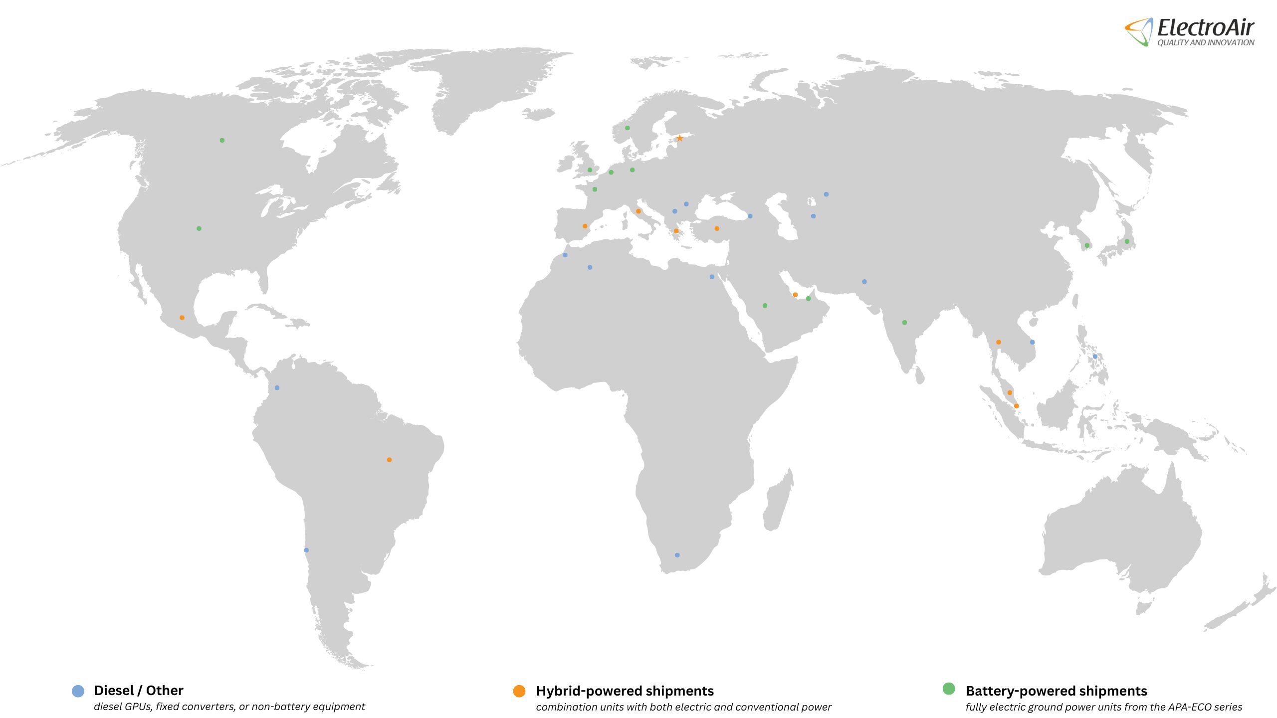 Map showing the global reach of ElectroAir's April–May shipments