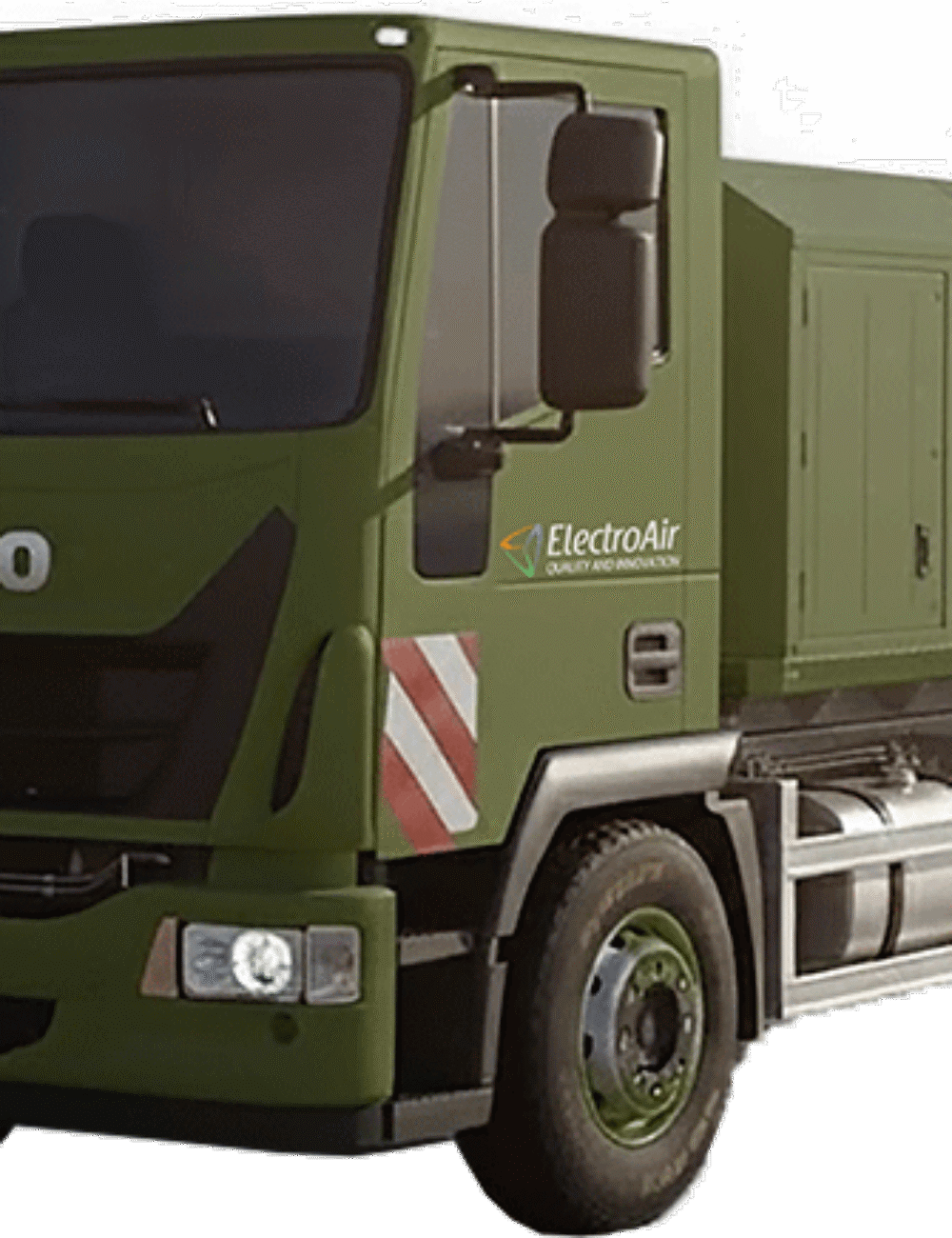 Military-green mobile gas charging station on Iveco truck - front view, ElectroAir