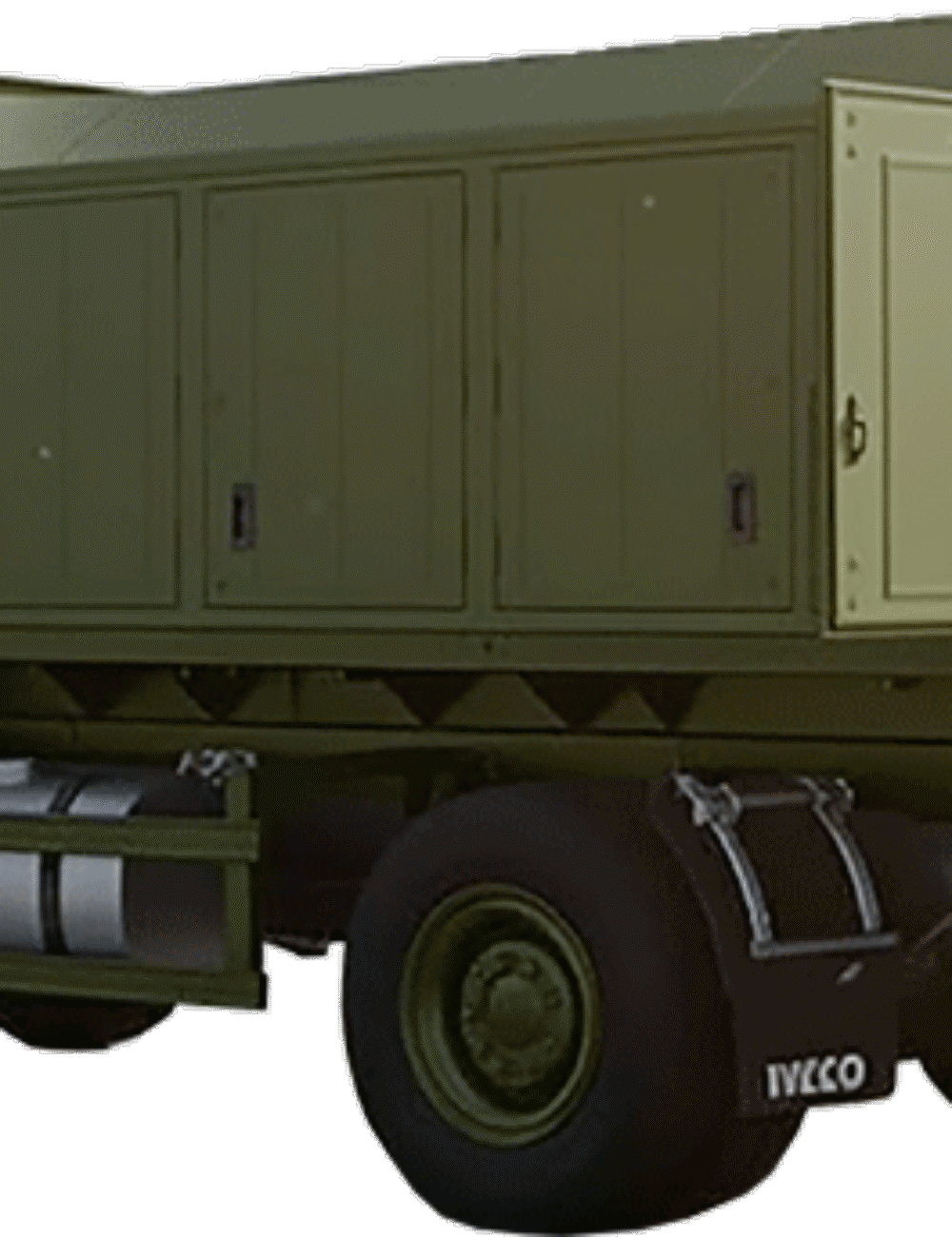 Military-green mobile gas charging station on Iveco truck - rear view, ElectroAir