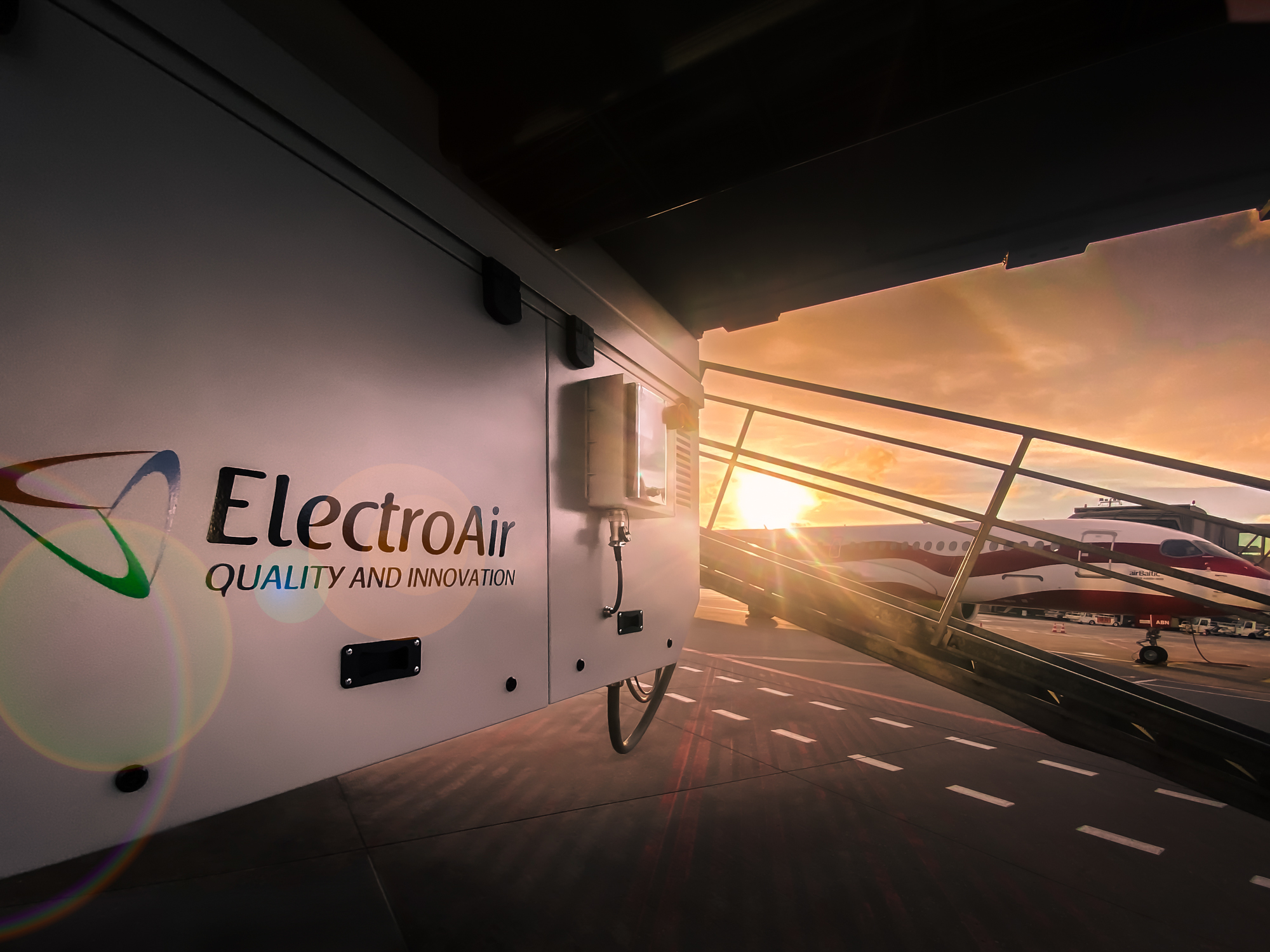 ElectroAir under-bridge ground power unit providing 400 Hz power from the passenger boarding bridge.