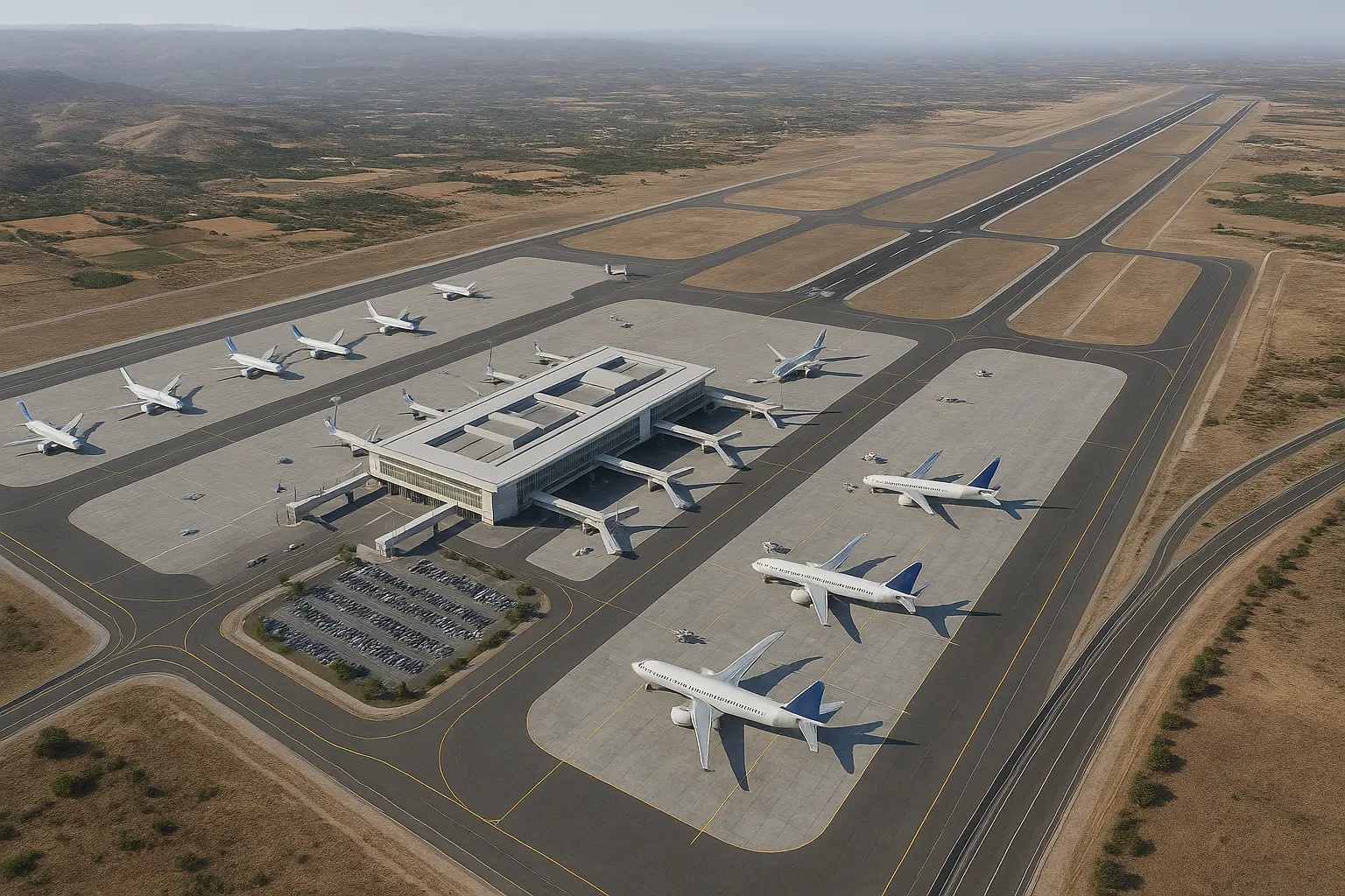 ElectroAir ground power systems integrated into a new airport infrastructure project Aerial view of the new Kastelli International Airport in Crete with terminal, aircraft stands, apron layout and runway.