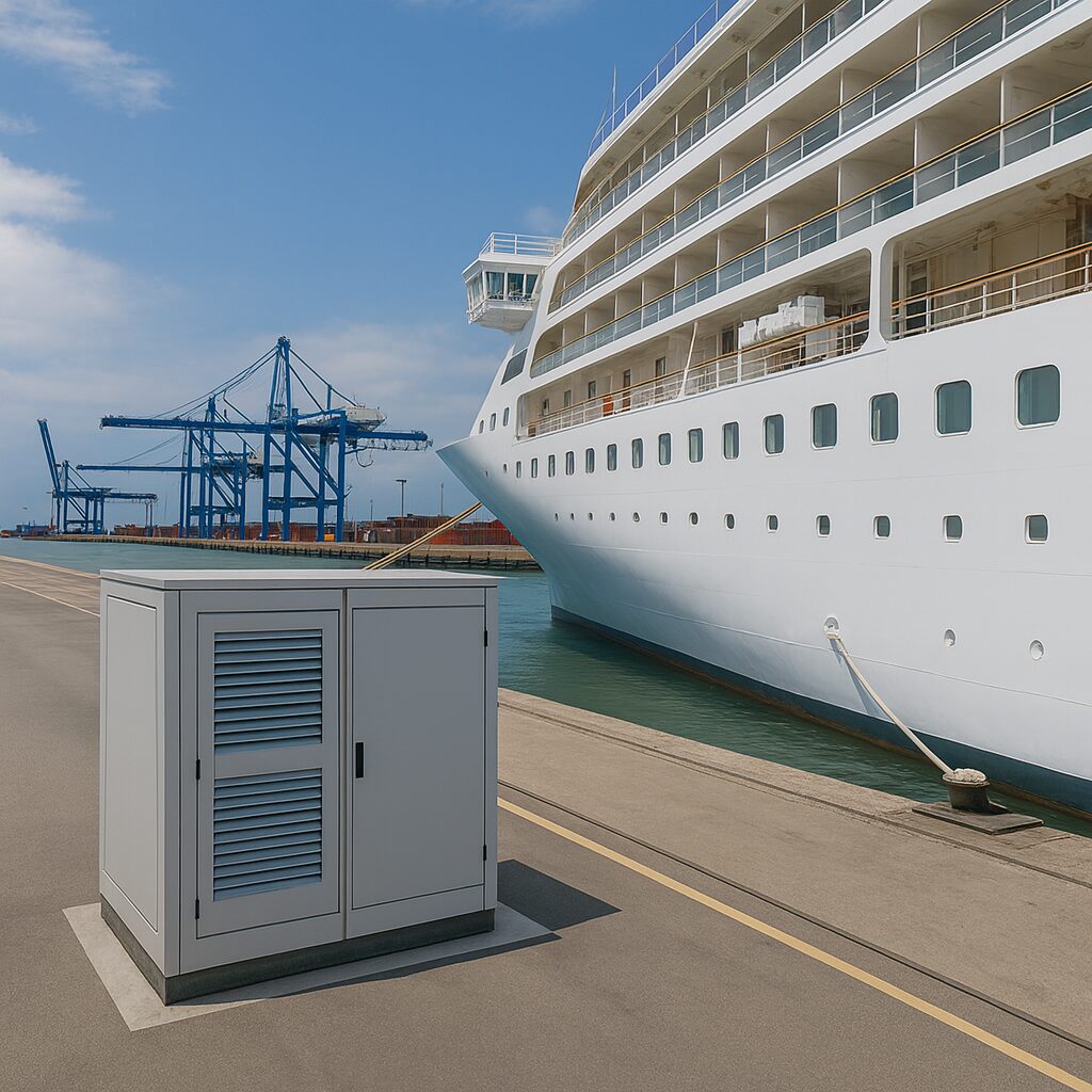 Cruise ship connected to ElectroAir’s shore power system at port, delivering clean electricity from onshore grid to reduce emissions and noise while berthed.